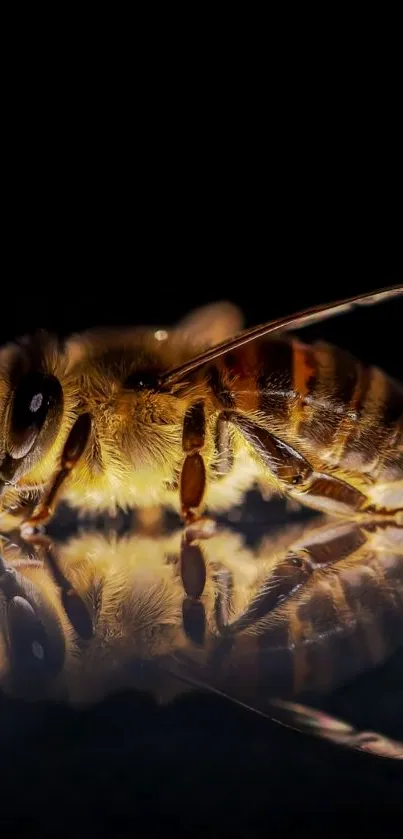 Close-up of a bee with a golden reflection on a black background.