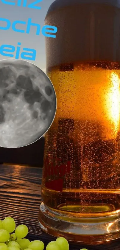 Mobile wallpaper with beer mug, full moon, and grapes.