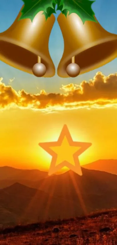 Golden bells and star over a peaceful sunset landscape.