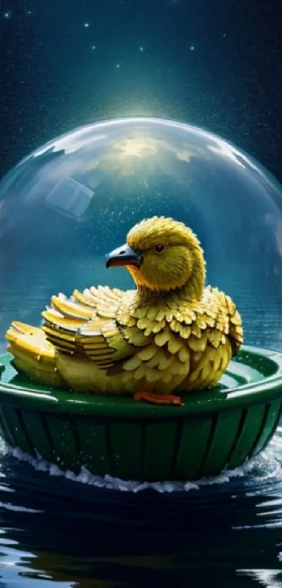 Golden bird encased in glass sphere floating on water under starry sky.