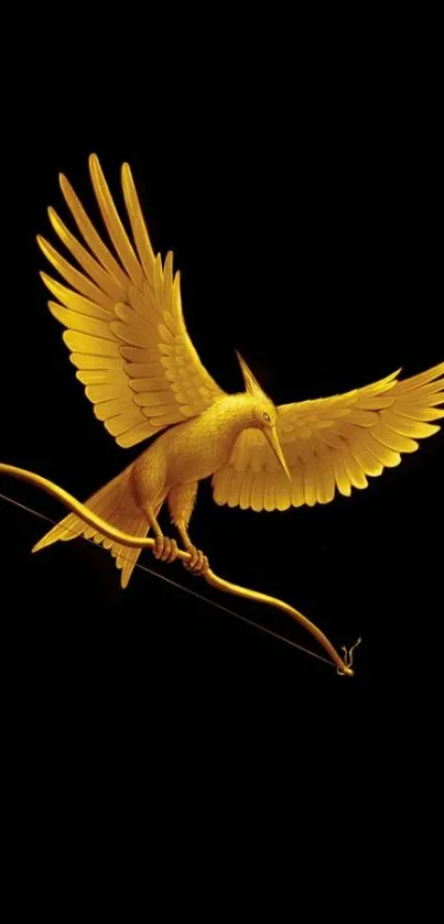 Gold bird on a black background with spread wings, perfect for mobile wallpaper.