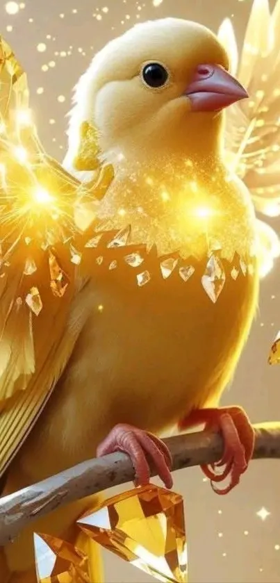 Golden bird with glowing wings and sparkling elements.