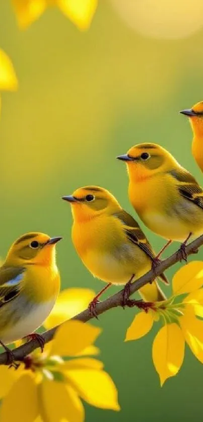 A vibrant wallpaper featuring golden birds perched on a branch.