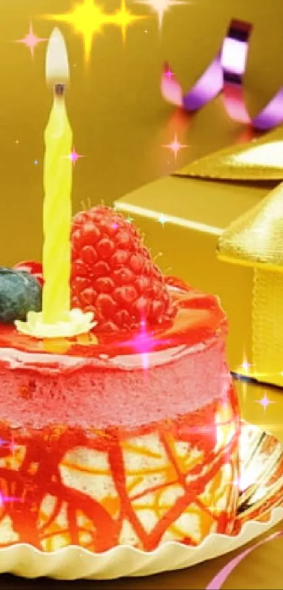 Gold and pink birthday cake with candle and gift box.