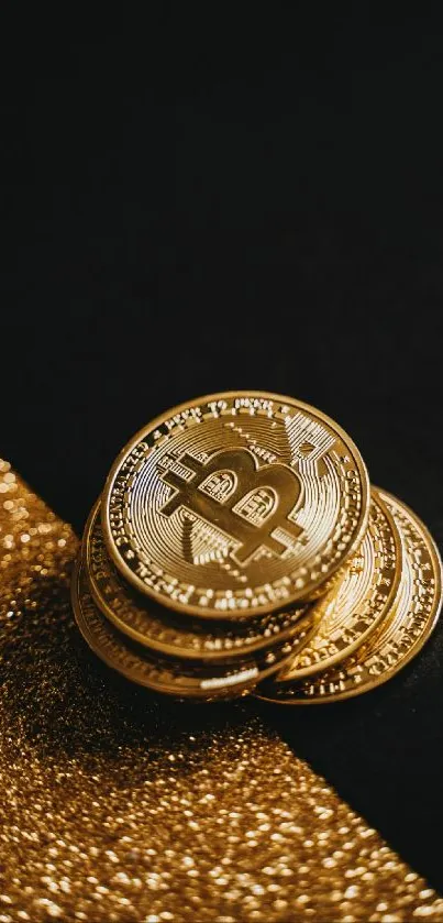 Golden Bitcoin coins on a black background with a glittery gold effect.