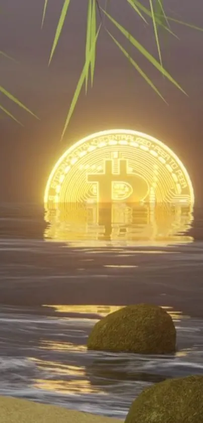 Golden Bitcoin on beach reflecting sunset over calm waters with lush greenery.