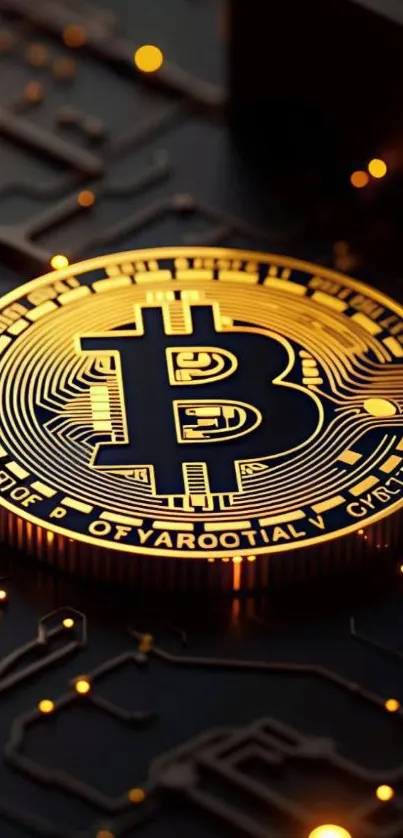 Golden Bitcoin on circuit board wallpaper.