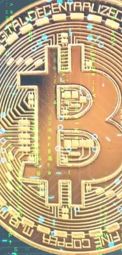 Golden Bitcoin symbol on digital wallpaper.