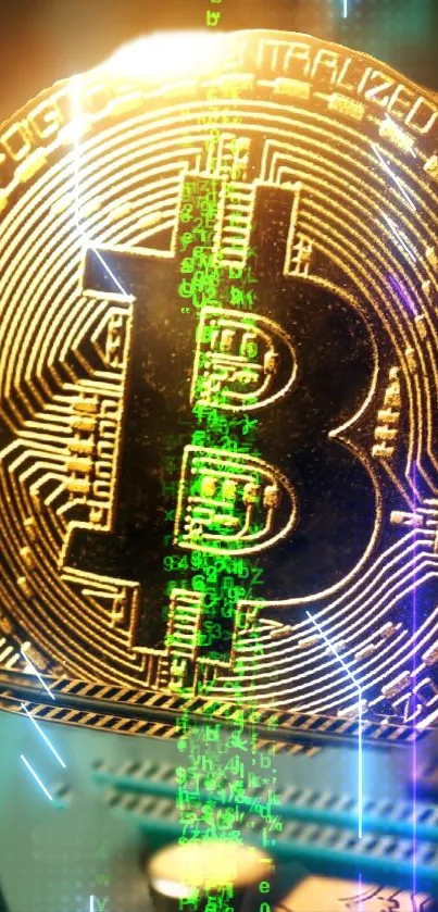 Golden Bitcoin artwork with digital circuit background.