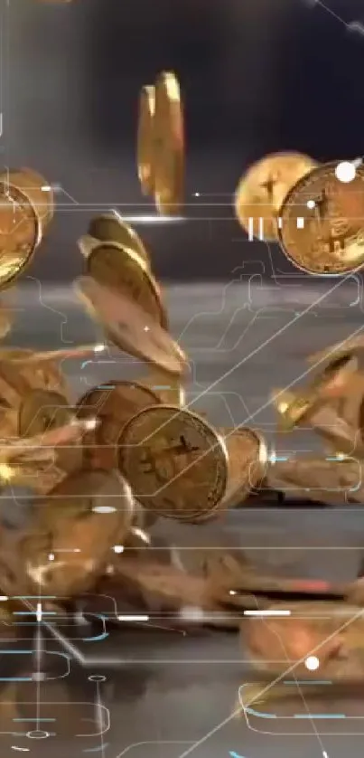 Falling golden Bitcoins with digital network overlay.