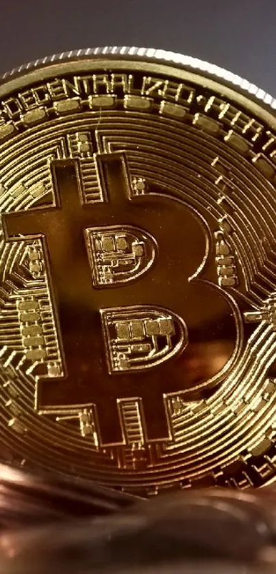 Golden Bitcoin coin on a stack of copper coins, ideal for crypto enthusiasts.