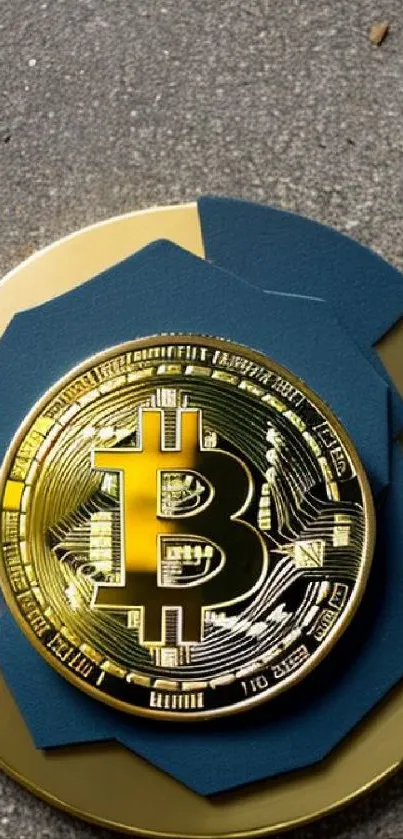 Golden Bitcoin emblem on a blue and gold background, mobile wallpaper.