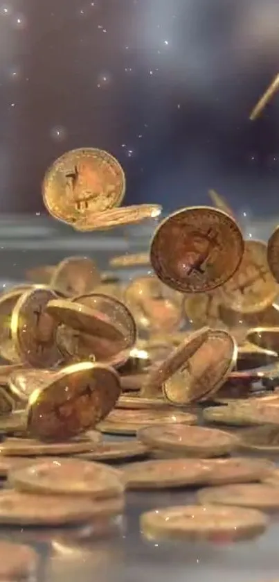 Gold Bitcoins falling in dynamic motion as mobile wallpaper.