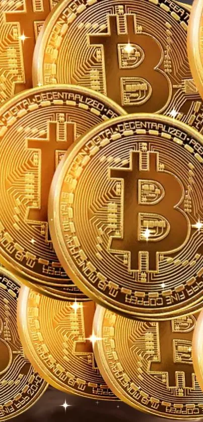 Golden Bitcoin coins sparkle against a dark background in this phone wallpaper.