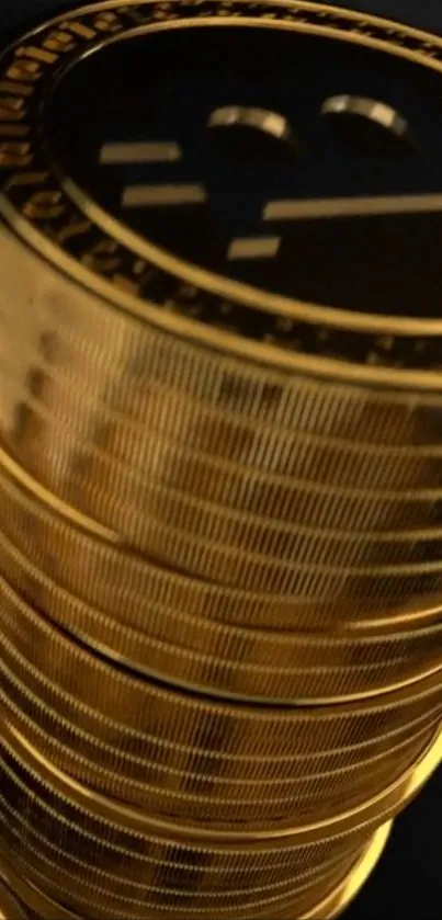 Stack of golden Bitcoin coins in high detail on a dark background.