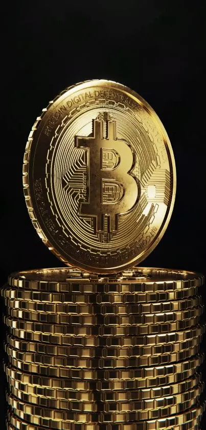 Stack of golden Bitcoin coins on black background.