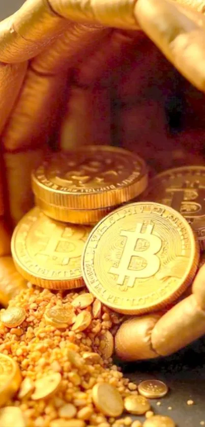 Golden Bitcoins spilling from a hand, symbolizing wealth.