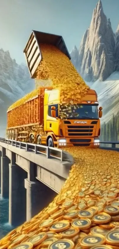 Golden Bitcoins cascade from a truck on a bridge in a mountain setting.