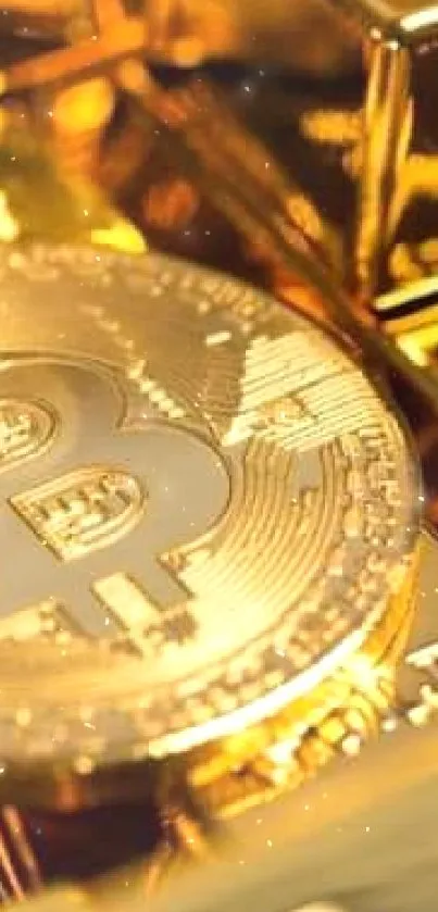 Gold Bitcoin coin on stacked gold bars wallpaper.