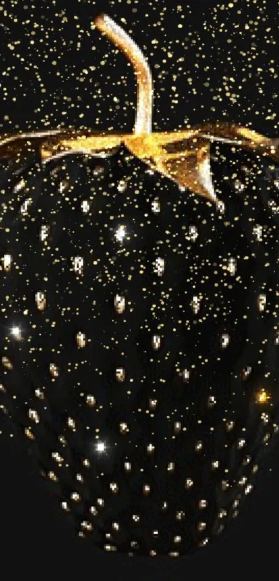 Golden black strawberry with sparkles on a mobile wallpaper.