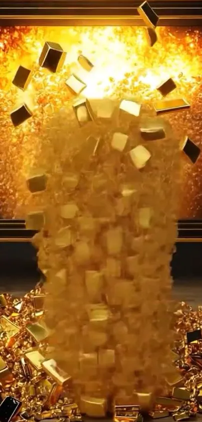 Golden blocks art explosion on a vibrant background.