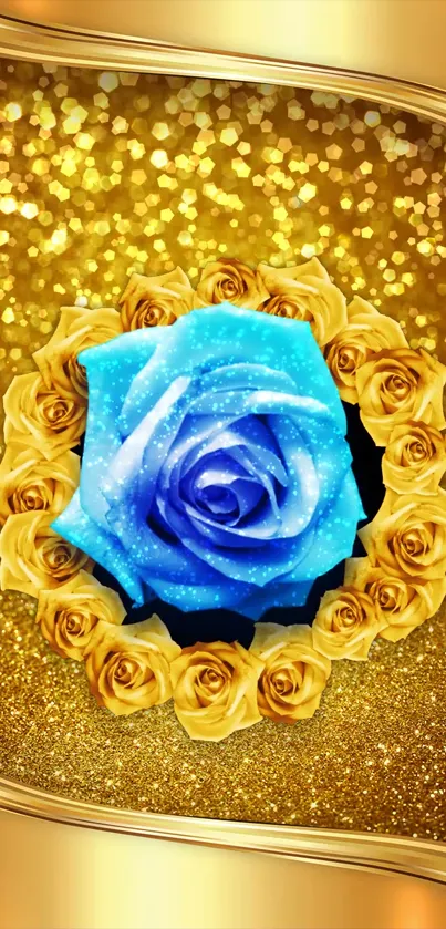 Blue rose surrounded by golden roses on a gold background wallpaper.