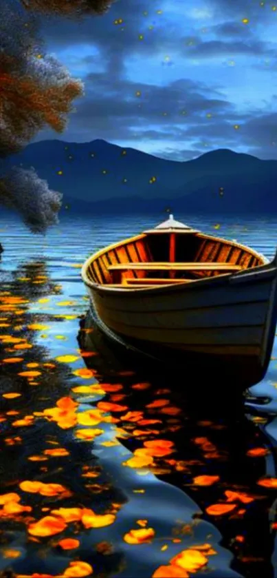 Golden leaves float beside a tranquil boat on a calm lake under a blue sky.