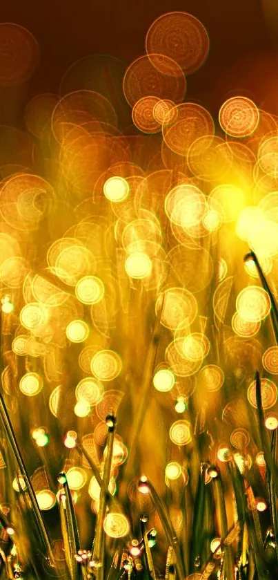 Golden bokeh wallpaper with light orbs and grass.