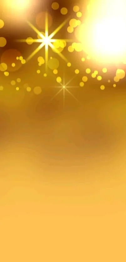 Golden bokeh mobile wallpaper with shimmering light effects.