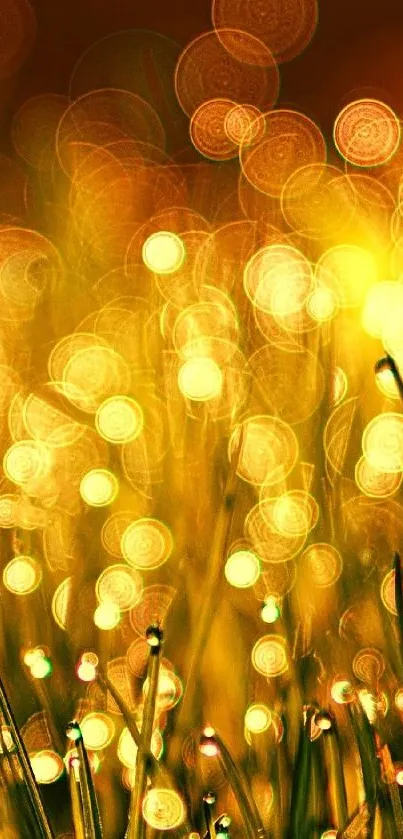 Golden bokeh nature wallpaper with blurred lights and dewy grass.