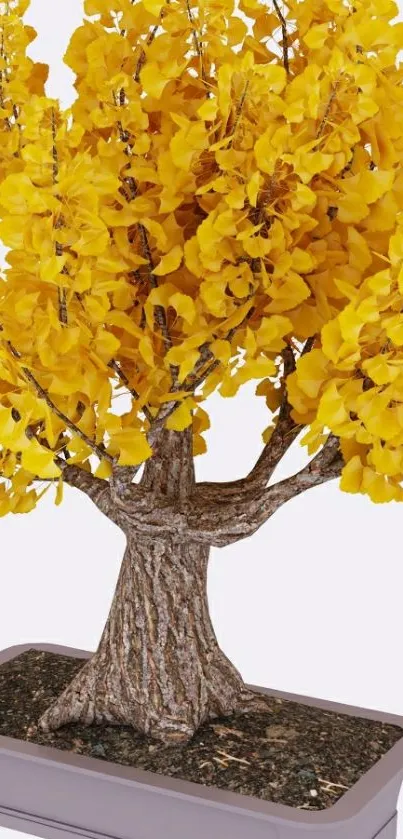 Golden bonsai tree with vibrant yellow foliage.