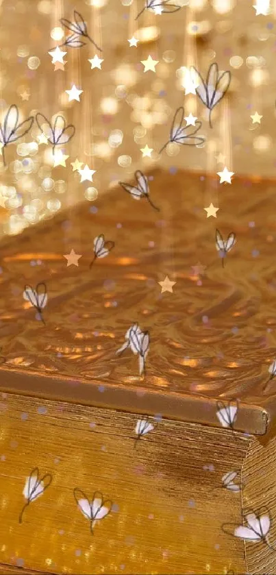 Golden book with butterflies on a sparkling background.
