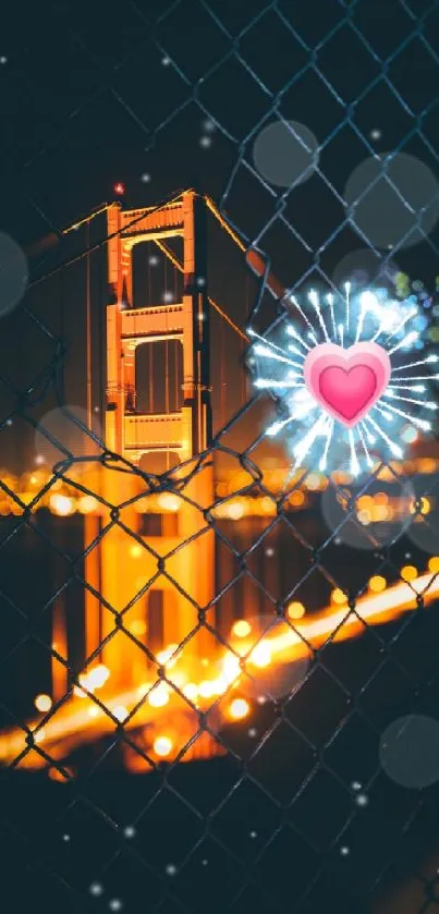 Romantic golden bridge with heart firework and city lights.