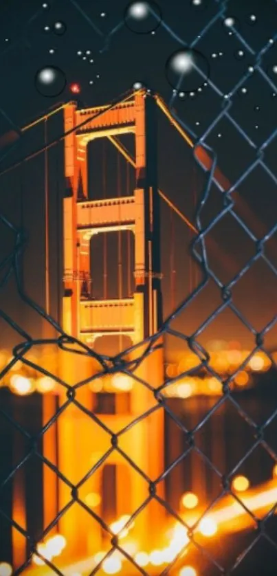 Golden Gate Bridge illuminated at night behind a chain-link fence.