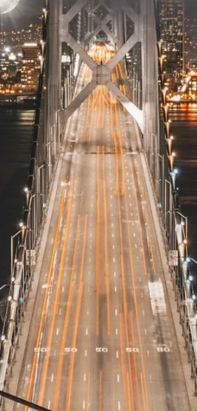 Orange light trails on Golden Gate bridge at night.