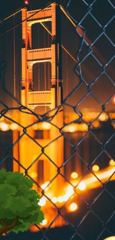 Golden Gate Bridge at night with emojis and fence.