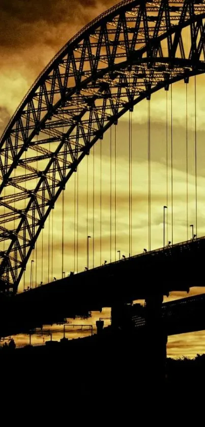 Golden silhouette of a bridge against a sunset sky.