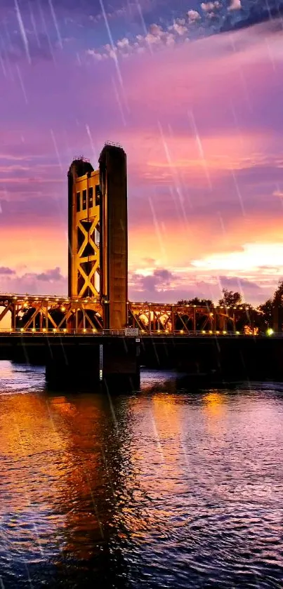 Golden bridge under sunset with rain and reflections.