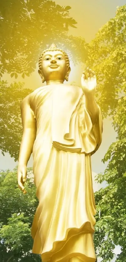 Golden Buddha statue among green trees, sunlight streaming.