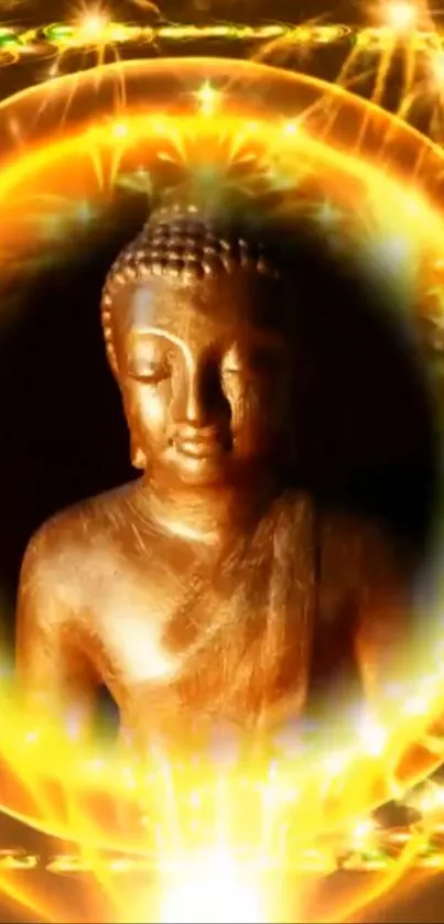 Golden Buddha statue with a radiant aura and spiritual energy.