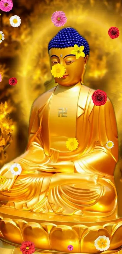 Golden Buddha with colorful flowers on a vibrant wallpaper.