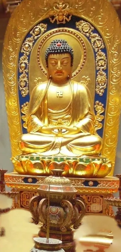 Golden Buddha statue with intricate details, ideal for meditation ambiance.