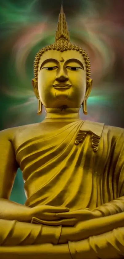 Golden Buddha statue against a mystical background for mobile wallpaper.