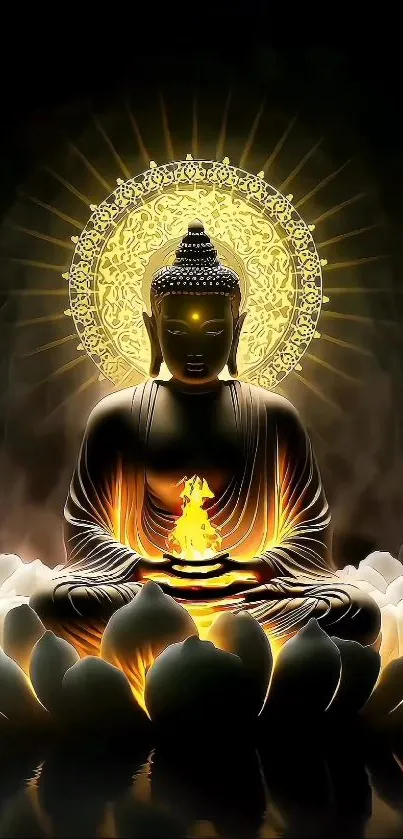 Radiant golden Buddha with glowing lotus flowers in a serene mobile wallpaper design.