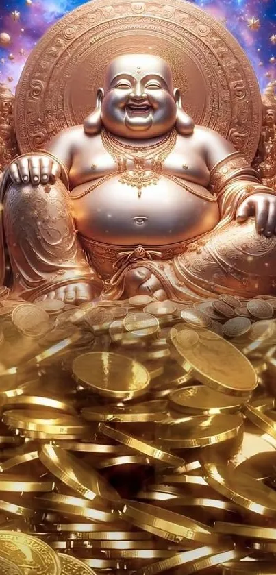 Golden Buddha surrounded by coins with a cosmic background.