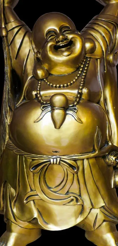 Golden Laughing Buddha statue mobile wallpaper.