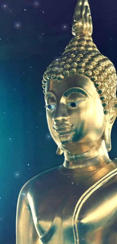 Golden Buddha statue with serene glow and starry background.