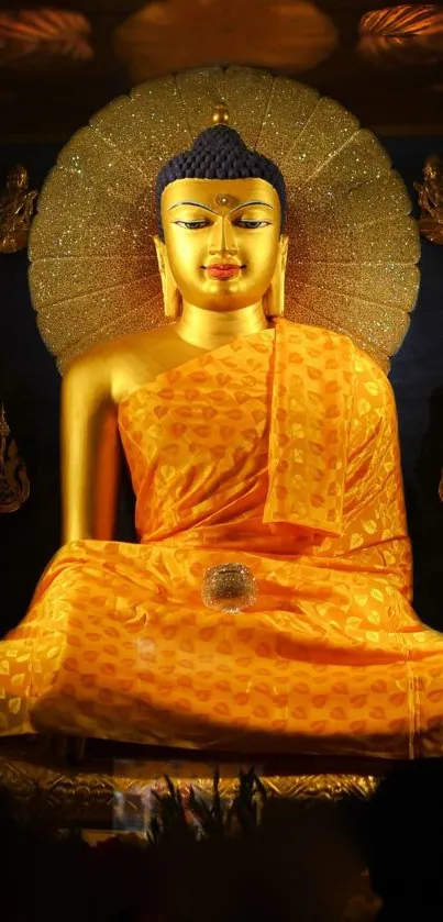 Golden Buddha statue with serene expression, radiating tranquility and peace.