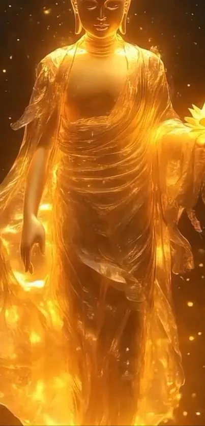 Golden Buddha holding a lotus flower glowing peacefully.