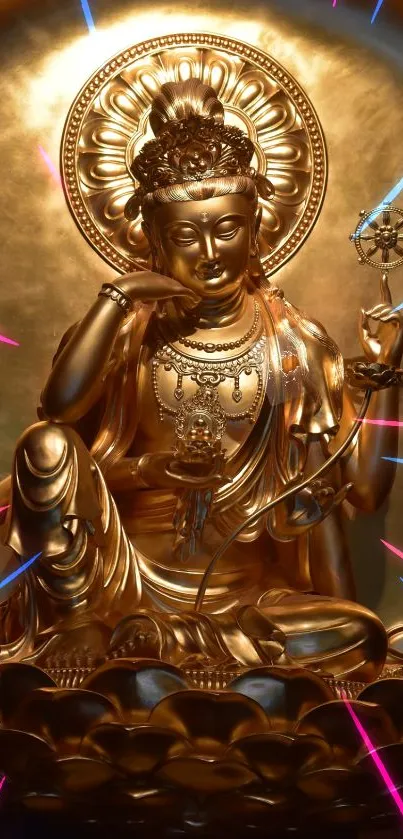 Golden Buddha statue with radiant hues and a tranquil presence.